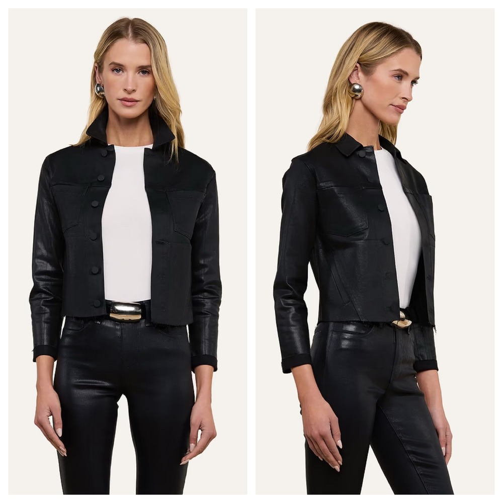 L'AGENCE Janelle Slim Coated Black Denim Jacket Raw Hem XS